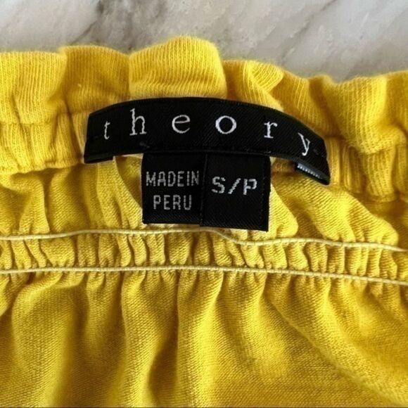 Theory womens yellow cotton blend peasant blouse with ruched neck line and tie S - Picture 3 of 8